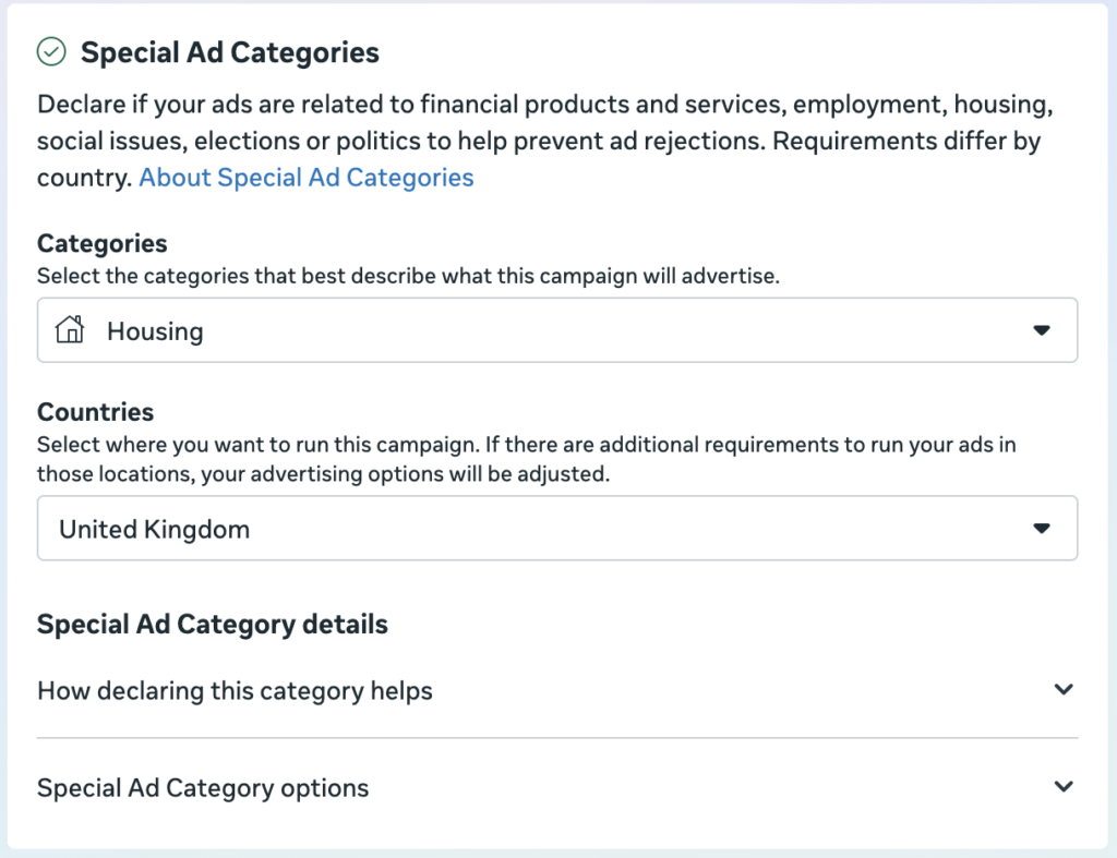 Meta Special Ad Categories